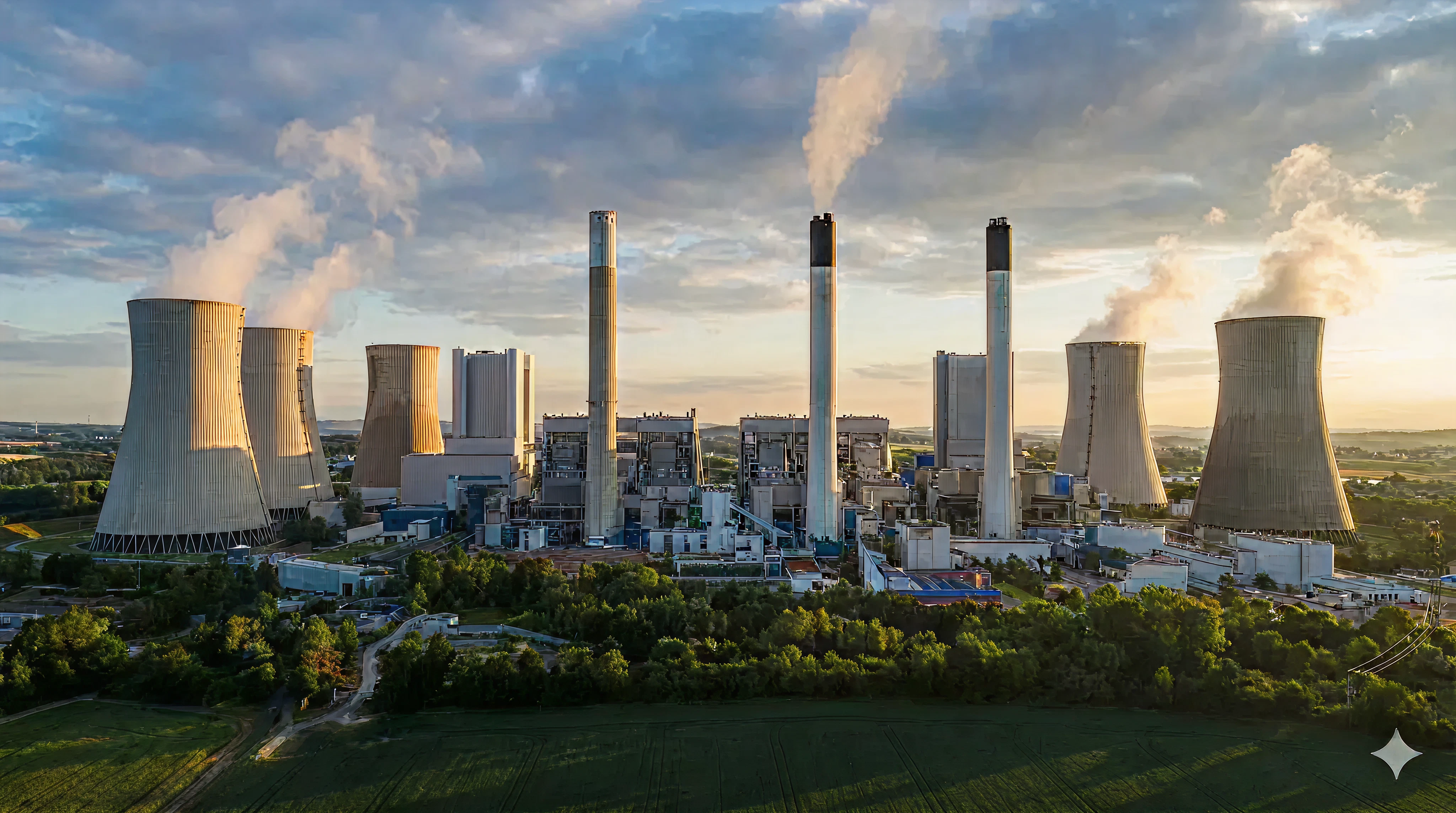 Industrial power plant at sunset