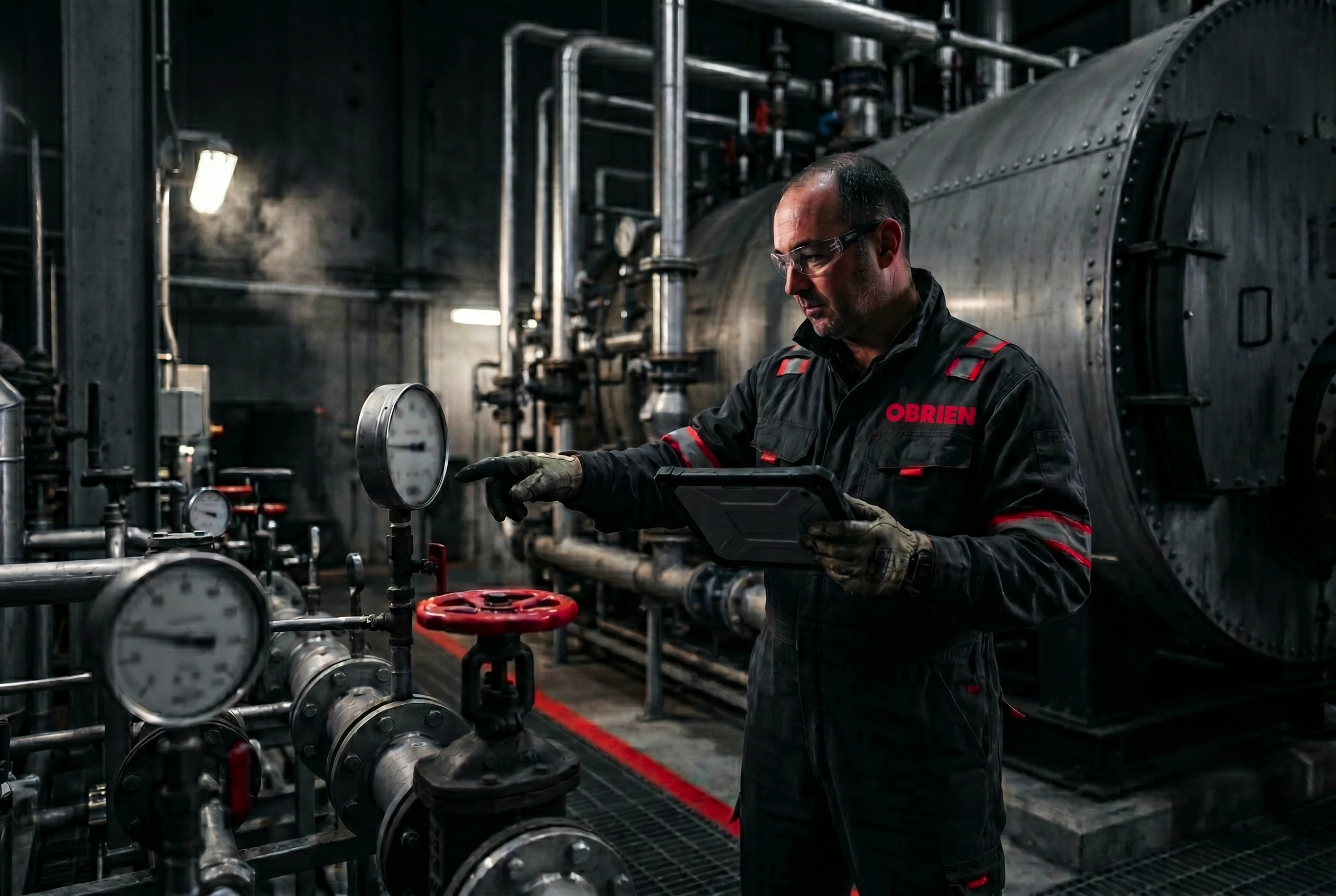 O’Brien engineer reviewing live boiler monitoring data